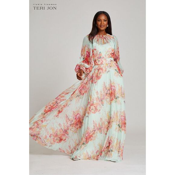 open lace back dress Teri Jon Pleated Chiffon Puff Sleeve Evening Dress 209098